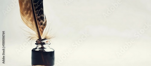 Artistic shot of a feather quill pen dipped in an ink bottle on a white background, showcasing detailed textures.
