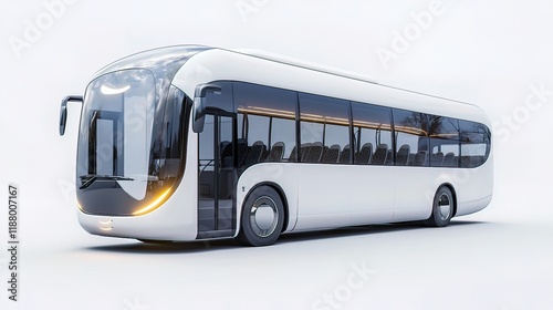 Futuristic white electric bus design, sleek and modern, isolated on white background.