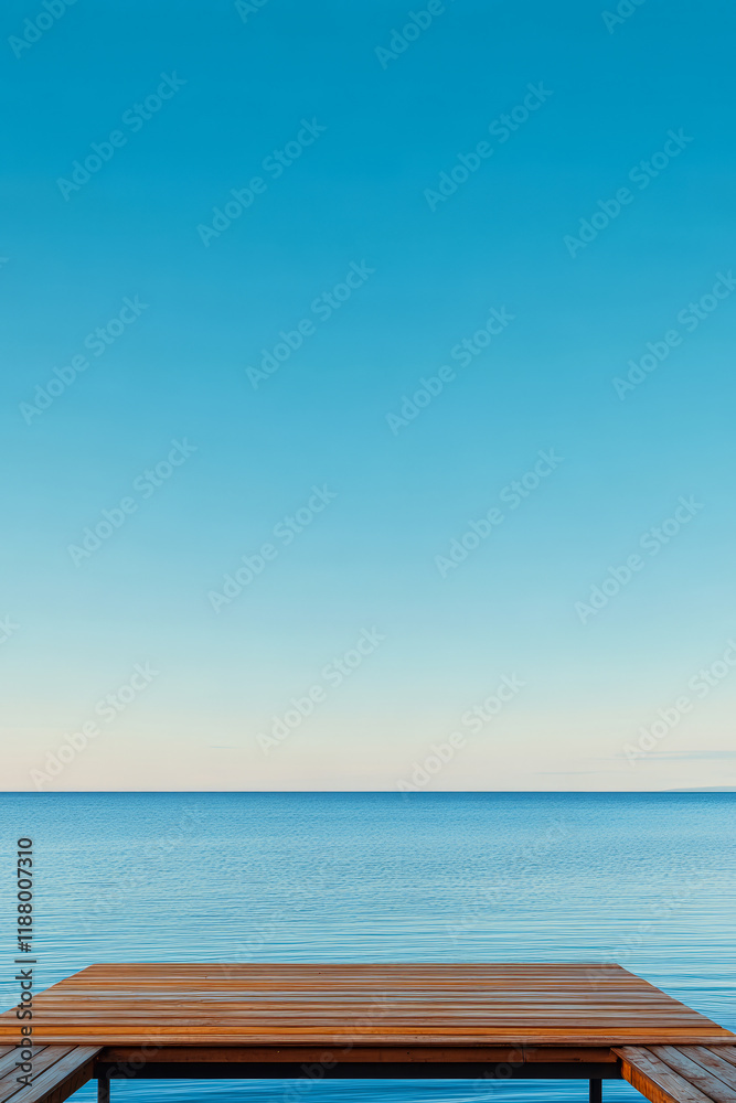 Fototapeta premium Vast blue horizon with calm waters and wooden deck under clear skies at sunset