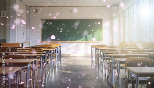 春・窓から桜の花びらが散り太陽の光が差し込む学校の教室　並んだ机と椅子・正面の黒板　吹き込む風　誰もいない部屋　入学・卒業・新生活・学習・学生・希望のイメージ背景壁紙