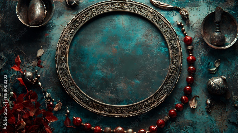 Obraz premium Mystic Teal Antique Round Frame with Red Beads and Ornate Silver Bowls