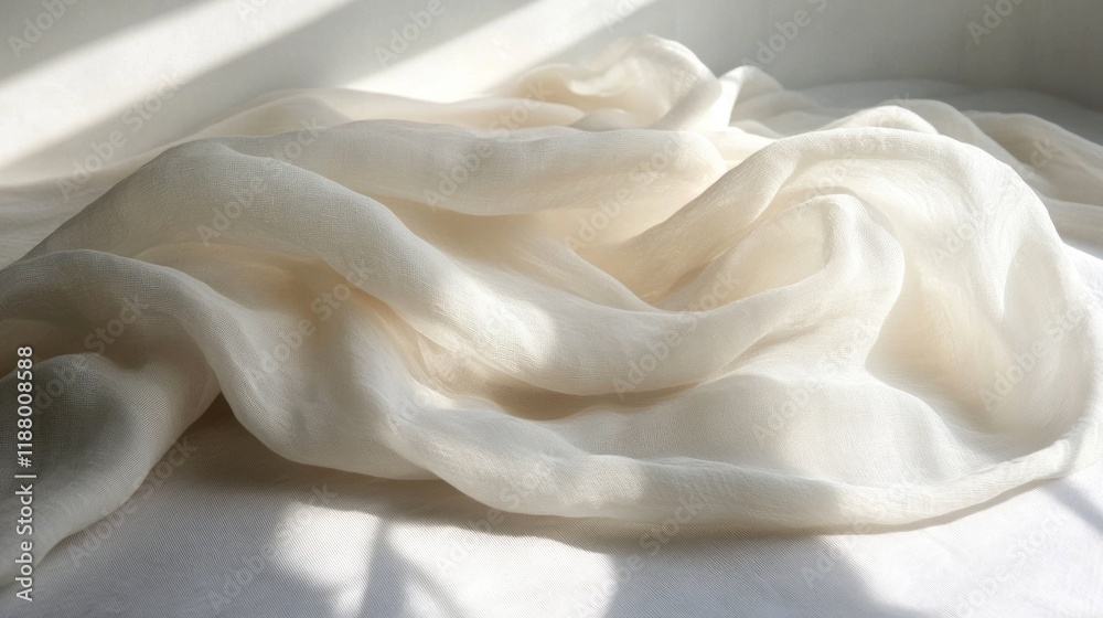 Obraz premium Draped cream fabric, sunlight, white background, textile photography