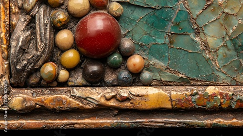 Close-up of a Textured Mixed-Media Artwork Featuring a Combination of Stones, Metals, and Glass photo