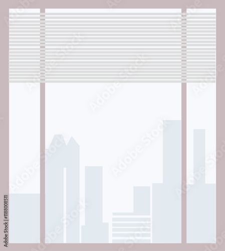 Big panoramic window in modern office with blinds and urban cityscape behind. Vector flat illustration
