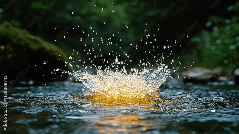 Water splashing in forest stream, light reflecting, dark background.