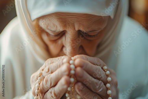 elderly nun holding rosary beads, praying with deep devotion inside a serene church. This emotive scene captures the solace, spirituality, and unwavering faith of a life dedicated to prayer and reflec