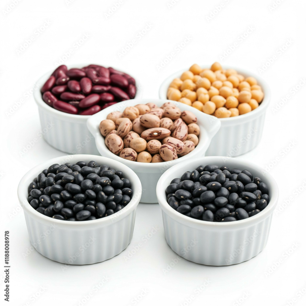 assorted beans in white bowls on white background assorted beans in white bowls on white background