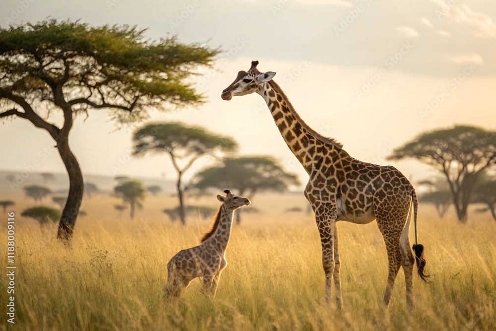 Fototapeta premium African Giraffe Mother and Calf in Golden Savannah Sunset