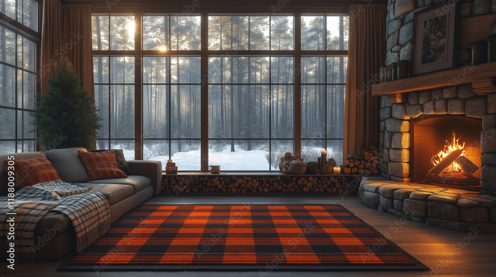 Fototapeta premium A living room with a stone fireplace, wooden beams, blankets, and large windows overlooking a snowy forest