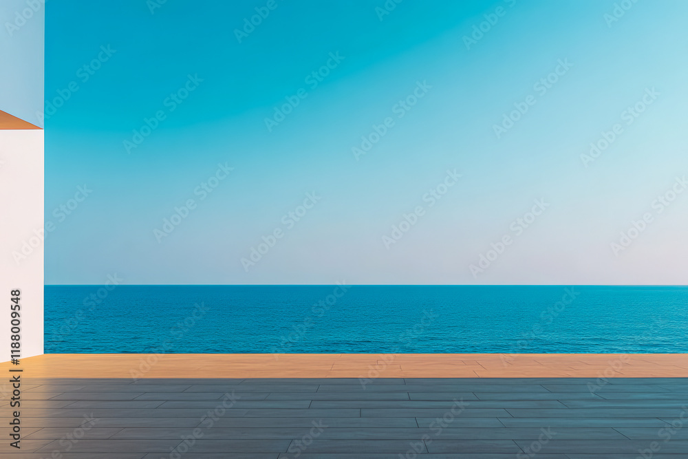 Fototapeta premium Stunning ocean view from modern minimalist terrace at sunset overlooking the horizon