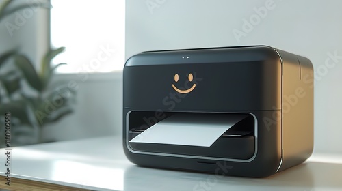 Happy printer printing a blank paper on a white table near a plant.