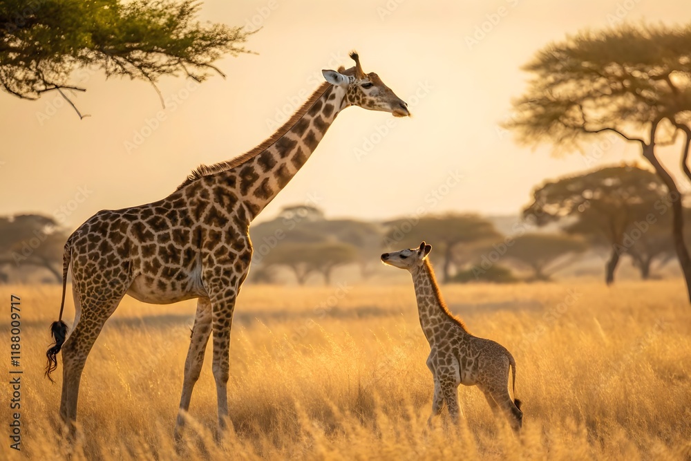 Obraz premium African Giraffe Mother and Calf at Sunset Wildlife Safari