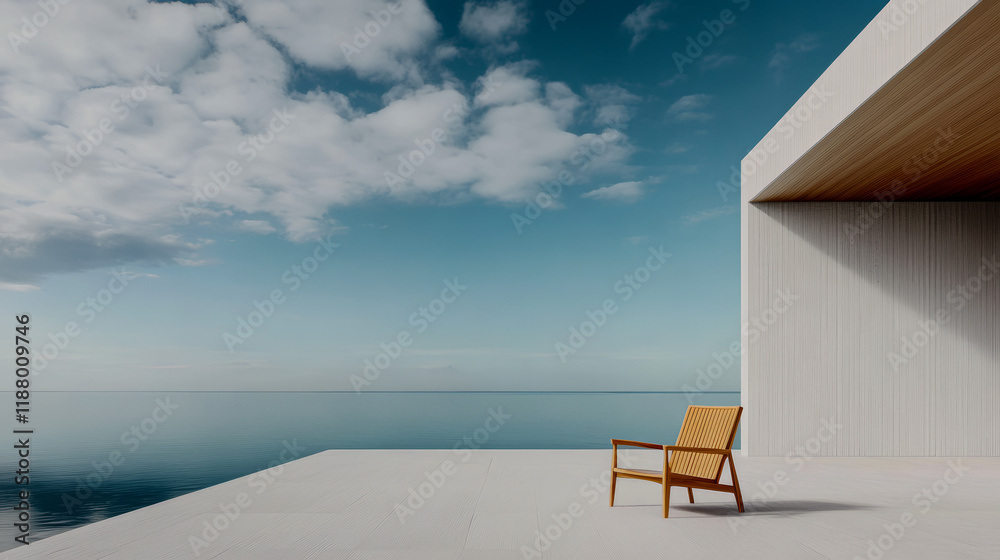 Fototapeta premium Modern wooden chair overlooking serene water and sky at a minimalist architectural space