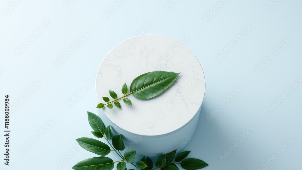 A Single Green Leaf Resting on a Marble Round Platform Against a Light Blue Background A Single Green Leaf Resting on a Marble Round Platform Against a Light Blue Background