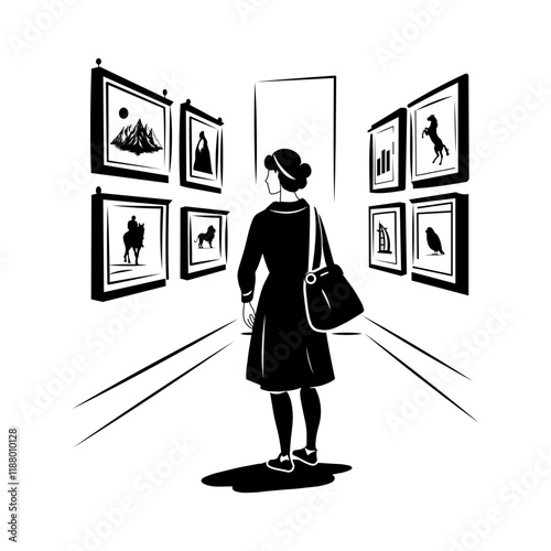 A woman standing in an art exhibition gallery, glyph illustration