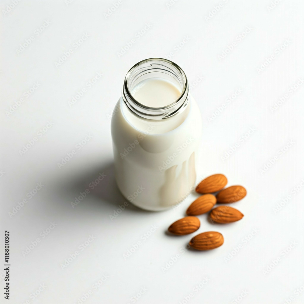 almond milk in glass bottle with almonds on white background almond milk in glass bottle with almonds on white background