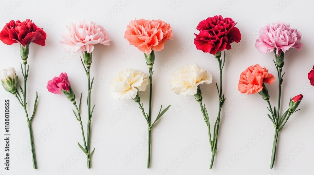 Obraz premium A collection of carnations in different colors lying flat on a white surface.
