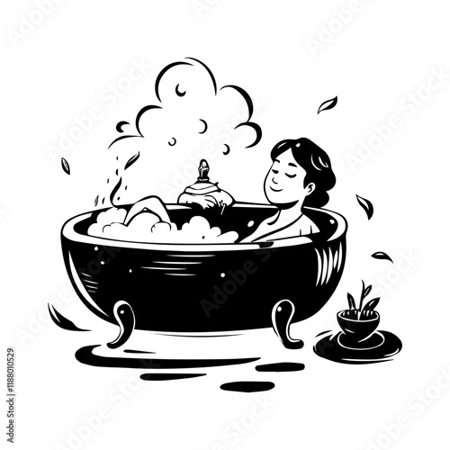 A glyph illustration showing a person taking a relaxing bath