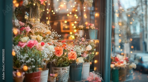 A charming flower shop window with bouquets of colorful blooms, twinkling fairy lights, and vintage decor.