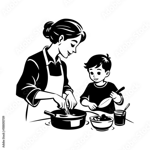 A glyph illustration showing mother and child cooking together