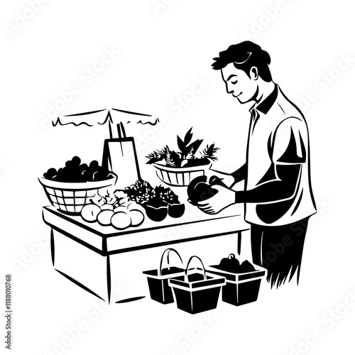 Man buying grocery from supermarket, hand drawn illustration