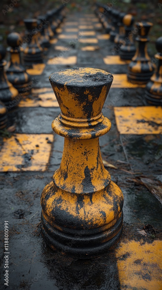 Weathered yellow chess queen on outdoor board in park. Weathered yellow chess queen on outdoor board in park.