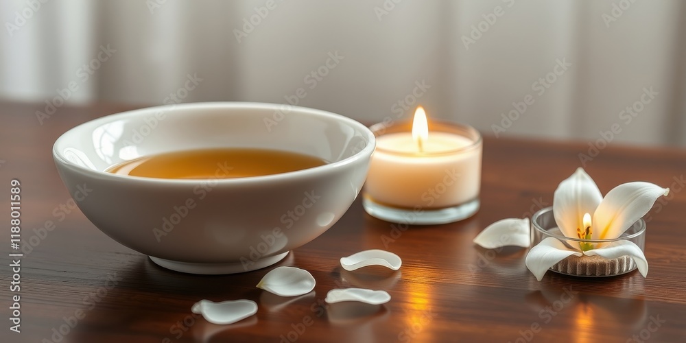 A Bowl of Golden Liquid, a Burning Candle, and White Petals on a Wooden Surface A Bowl of Golden Liquid, a Burning Candle, and White Petals on a Wooden Surface