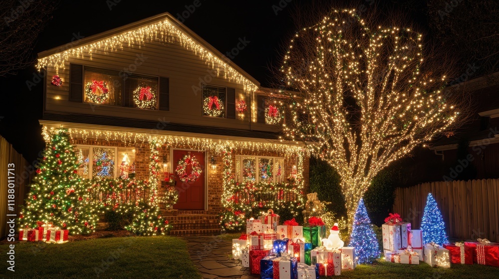 Fototapeta premium A charming home decorated with Christmas lights, a tree adorned with ornaments, and wrapped gifts, capturing the essence of the Nativity feast.