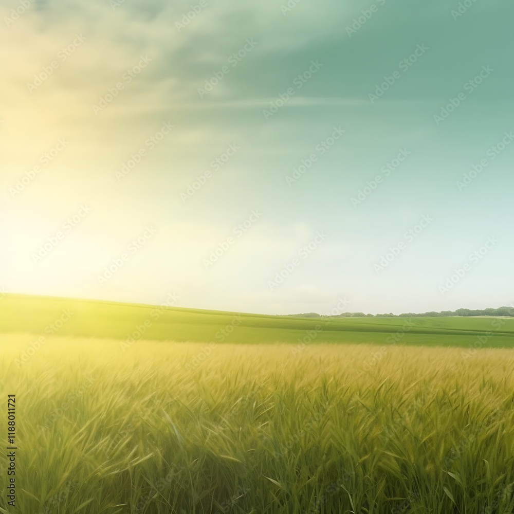 Serene Sunset Over Rolling Green Fields of Wheat Serene Sunset Over Rolling Green Fields of Wheat