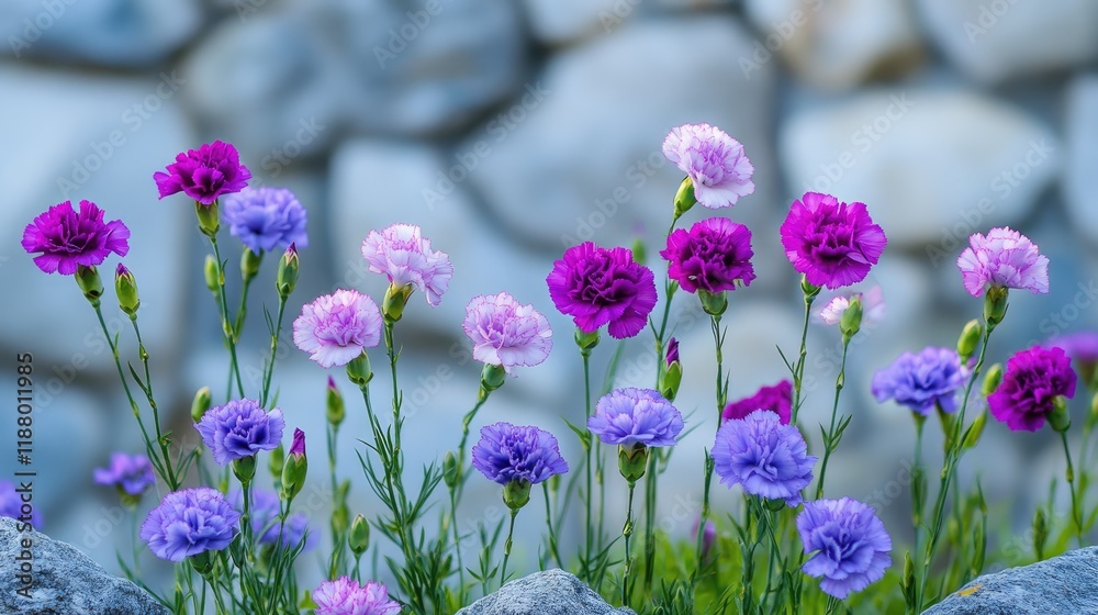 Fototapeta premium A garden filled with colorful carnations swaying gently in the breeze.