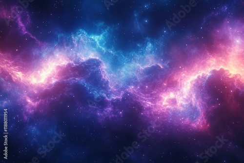 Cosmic neon explosion in blue and purple outer space digital art nebula environment wide view abstract concept photo