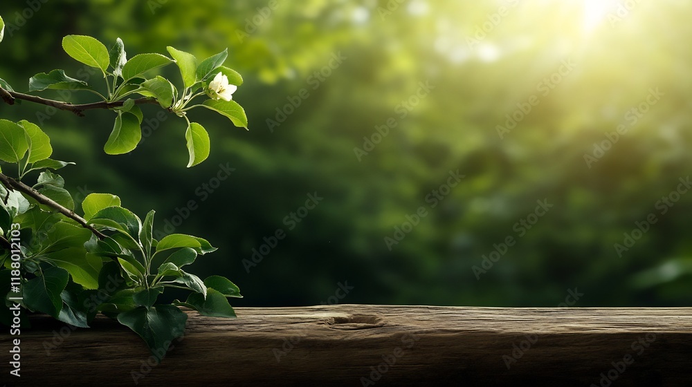 Springtime Blossoms on Rustic Wooden Table Against Blurred Green Background Springtime Blossoms on Rustic Wooden Table Against Blurred Green Background
