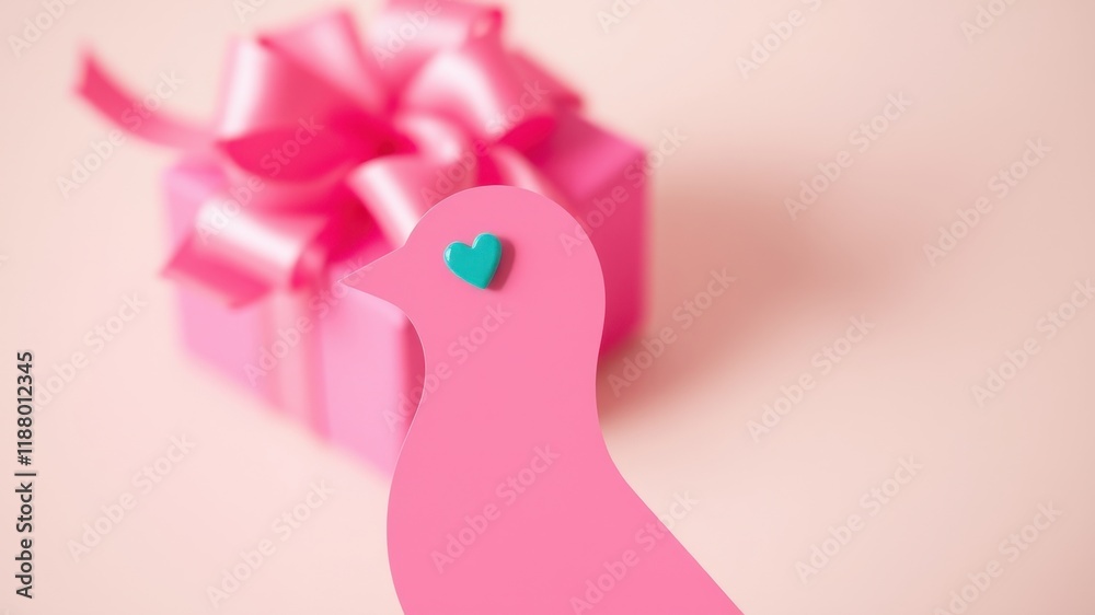 A pink paper bird with a teal heart on its chest, standing in front of a pink gift box with a large pink bow. A pink paper bird with a teal heart on its chest, standing in front of a pink gift box with a large pink bow.