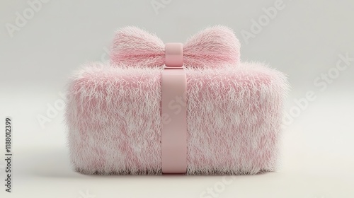 Pink fluffy gift box with bow isolated on white background.