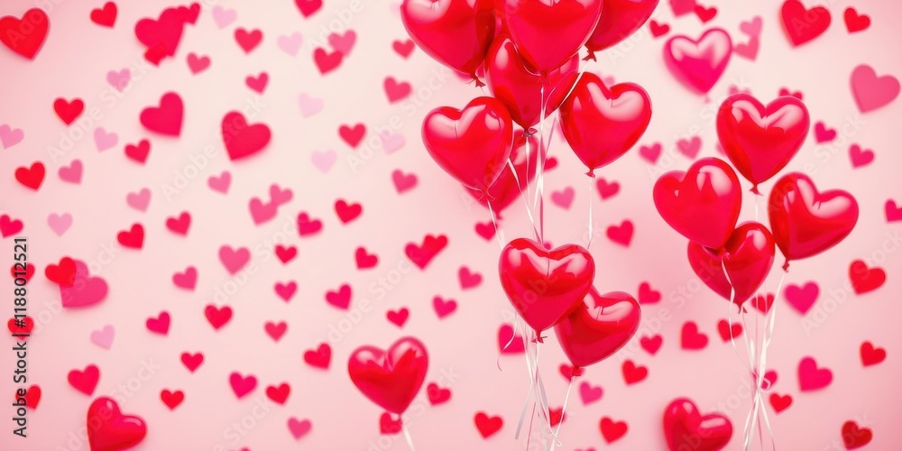 Heart-shaped balloons float in a field of hearts, a romantic and whimsical display of affection. Heart-shaped balloons float in a field of hearts, a romantic and whimsical display of affection.