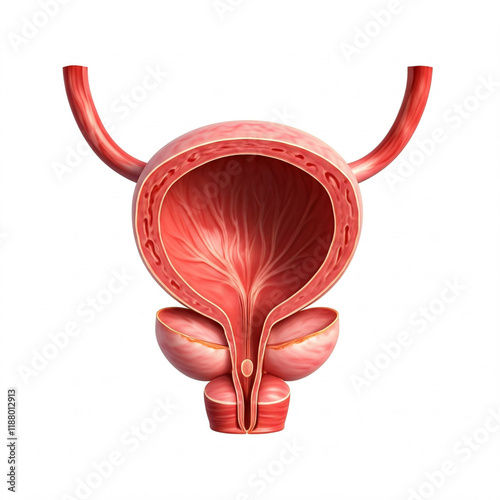 3d illustration of human bladder anatomy with internal structure  in pink and red tones  isolated on a white background