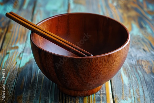 Empty wooden bowl chopsticks rustic table background food photo