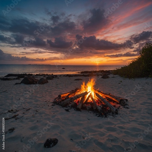 A small campfire on the beach of an island, with the sunset painting the sky as adventurers prepare for the night.