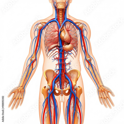 human anatomy illustration showing arteries and veins in the torso and arms