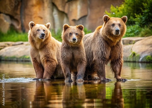 Three Syrian Brown Bears by a Pond - Minimalist Zoo Wildlife Photography photo