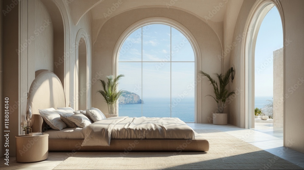 Fototapeta premium A luxury villa bedroom with elegant decor and a wide window opening to a turquoise sea.