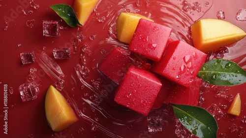 Refreshing Mango and Red Cubes in a Vibrant Liquid