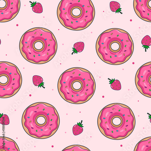 Seamless pattern with donuts with pink glaze and strawberries. Vector graphics.