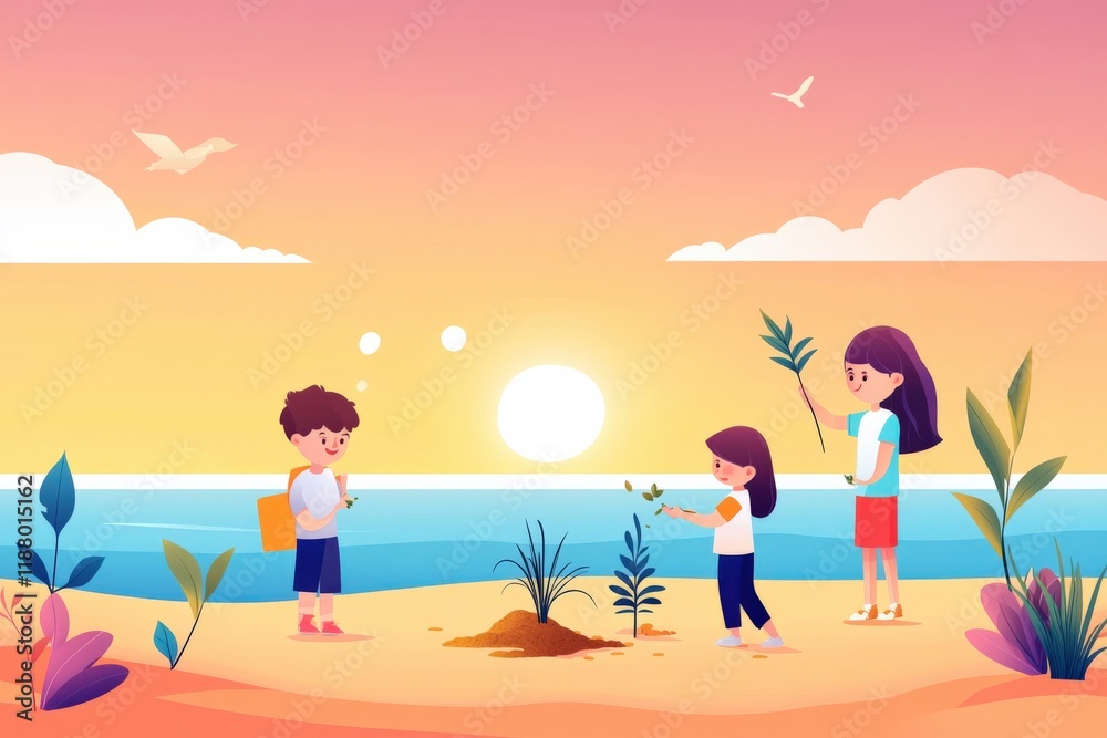 Children Planting Trees on Beach at Sunset with Vibrant Sky and Ocean Waves, Illustrating Environmental Awareness and Nature Conservation Efforts Children Planting Trees on Beach at Sunset with Vibrant Sky and Ocean Waves, Illustrating Environmental Awareness and Nature Conservation Efforts