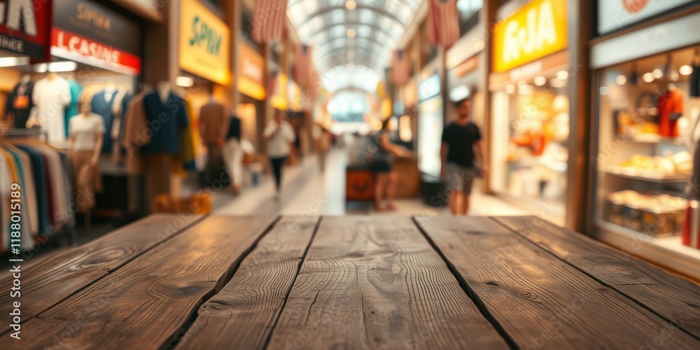 Wooden Tabletop with Blurred Background of Busy Indoor Market Wooden Tabletop with Blurred Background of Busy Indoor Market