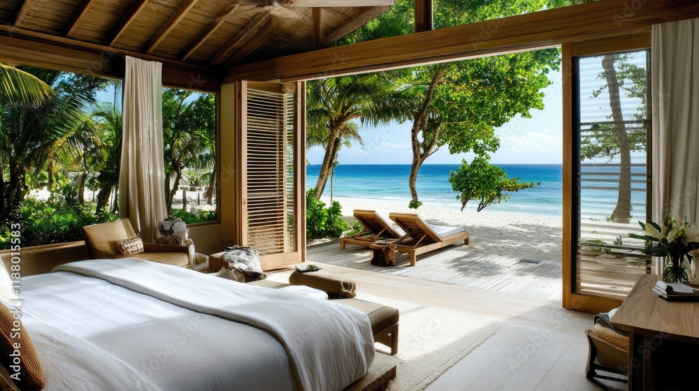 Fototapeta premium A modern villa bedroom with open French windows offering a full view of the beach and sea.