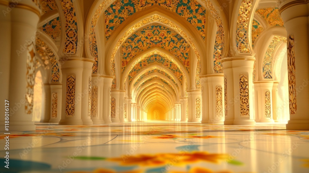 Fototapeta premium Ornate Palace Hallway Golden Arches And Pillars