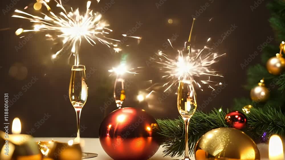 background sparkling dark two tree toys light yellow glasses wine table bokeh christmas sparklers burn reflections beautiful happiness fun mood anticipation vertical round toy together 2 holiday