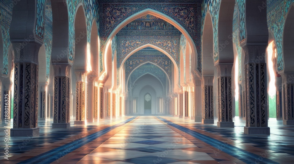 A sunlit grand mosque hallway with intricate designs A sunlit grand mosque hallway with intricate designs