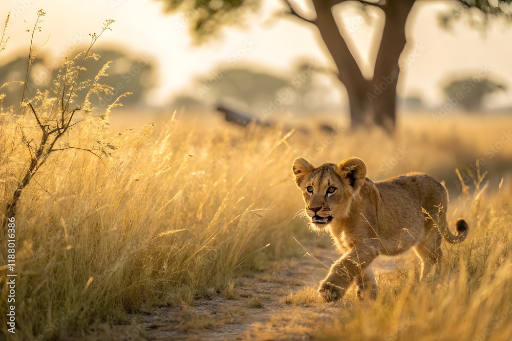 Obraz premium Lion Cub Walking Golden Grass Sunset Safari Africa Wildlife